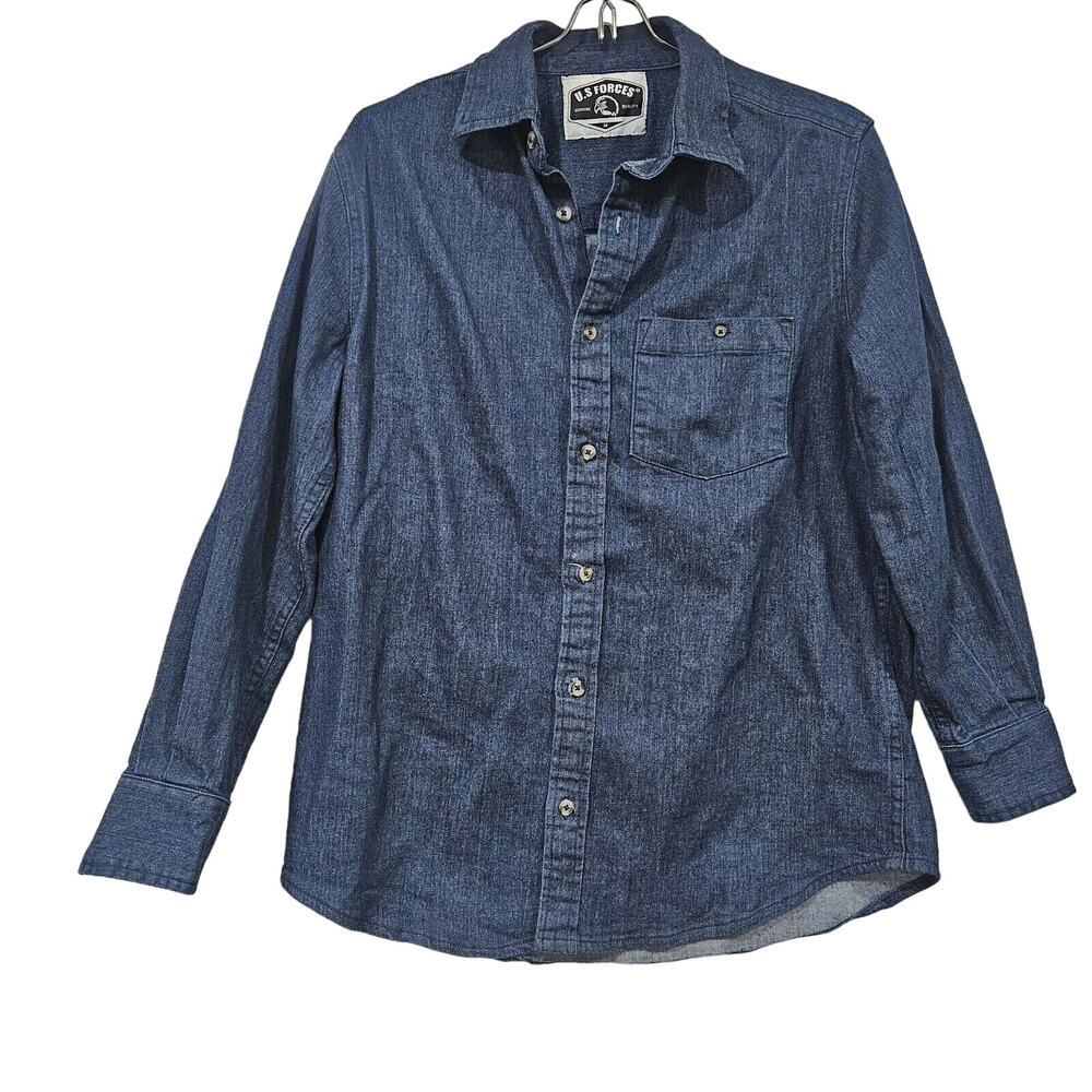 US Forces Mens 100% Cotton Medium Dark Wash Denim Button Up Shirt Streetwear